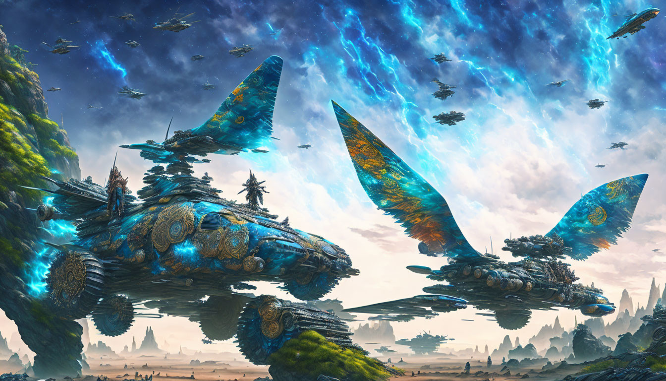 Colorful Butterfly-Shaped Spaceships in Vibrant Sci-Fi Scene