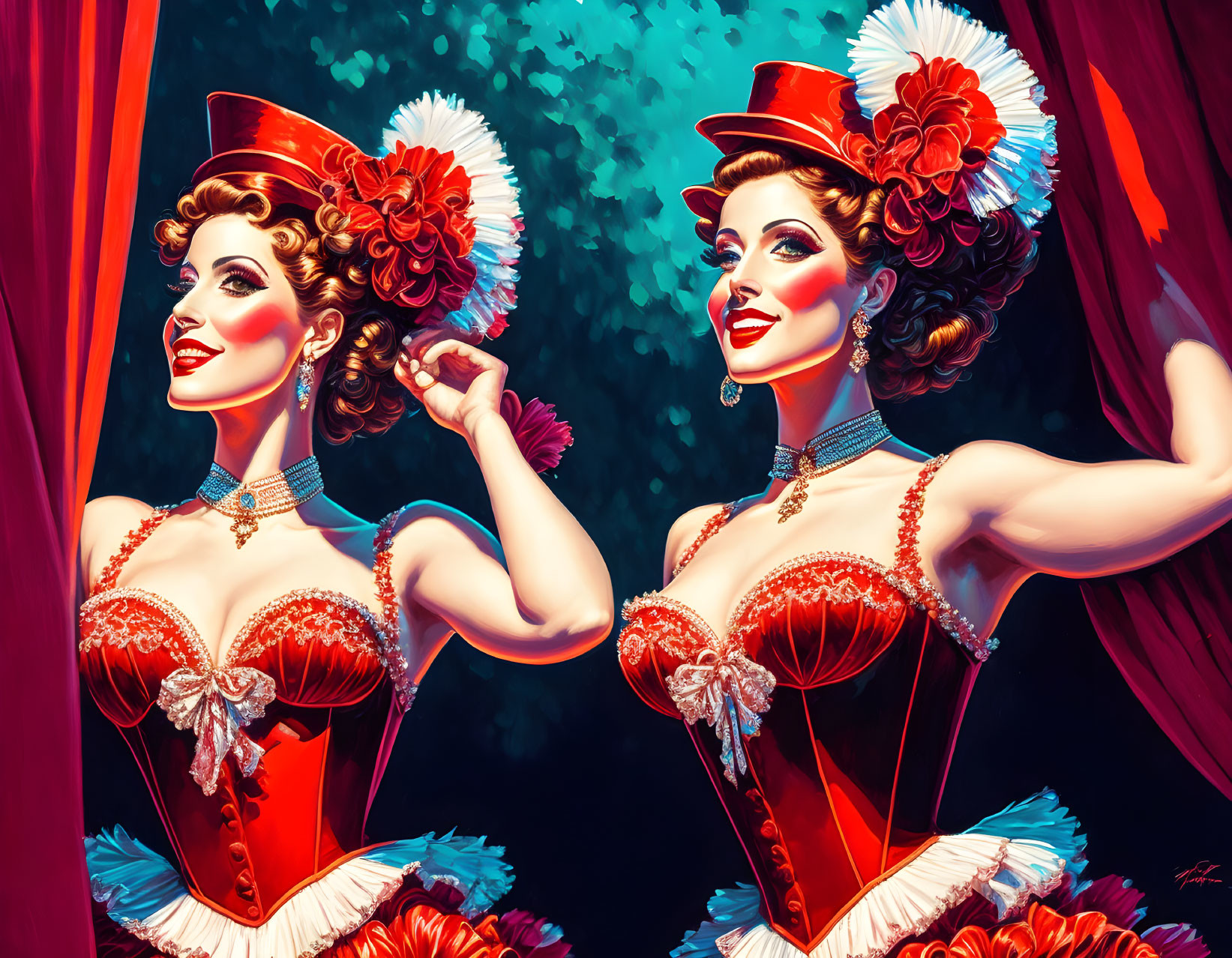 Vintage Red Showgirl Costumes on Two Women against Red Curtain