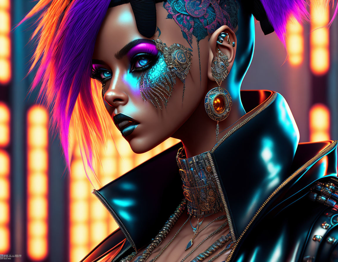 Vibrant purple hair, blue makeup, face tattoos, golden ear accessories in close-up portrait.