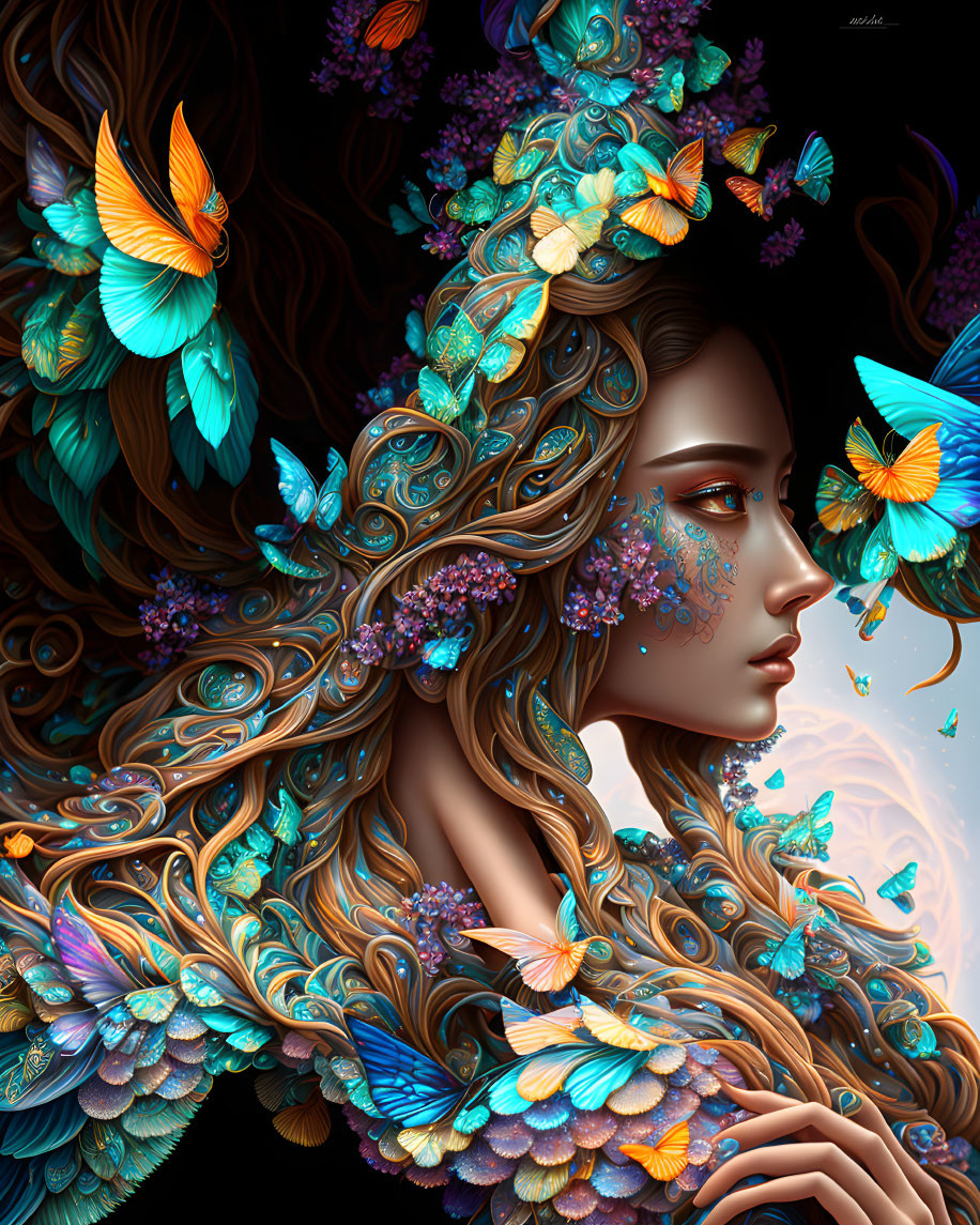 Vibrant digital artwork of woman with flowing hair and butterflies