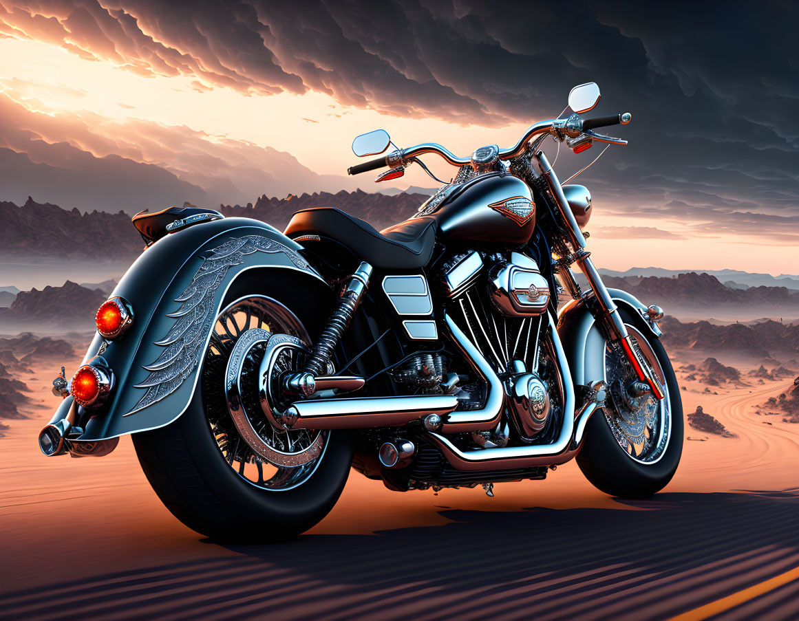 Custom detailed classic motorcycle parked in desert at dusk