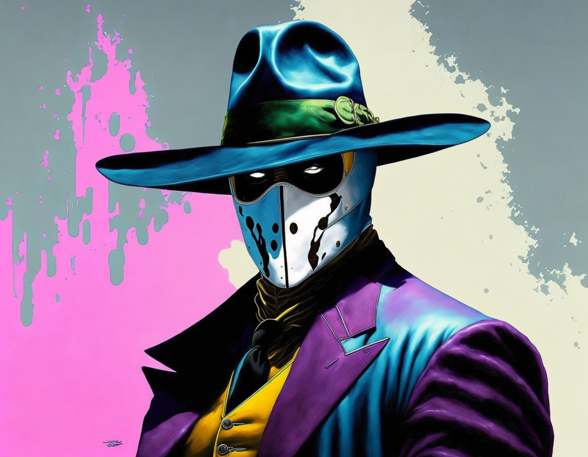 Stylized character in fedora, mask, and trench coat on splattered paint background