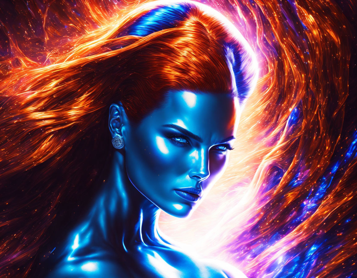 Vibrant digital artwork: Woman with orange hair and blue skin in cosmic setting