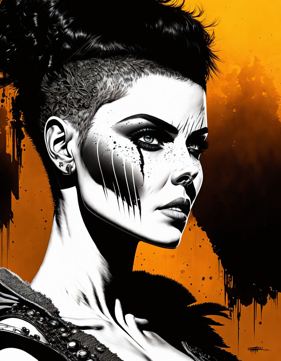 Monochromatic illustration of woman with mohawk and freckles on orange splatter.