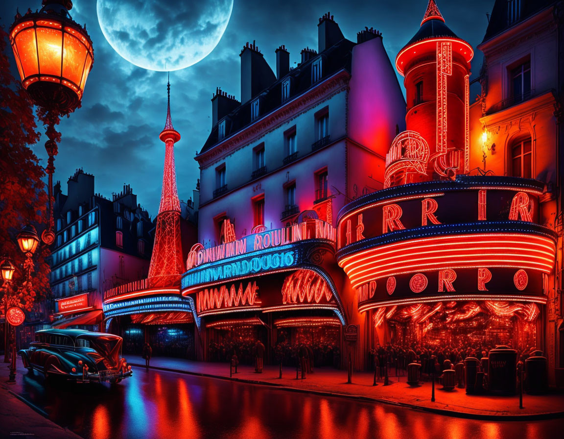 Vibrant night scene: Moulin Rouge, neon lights, Eiffel Tower, vintage car