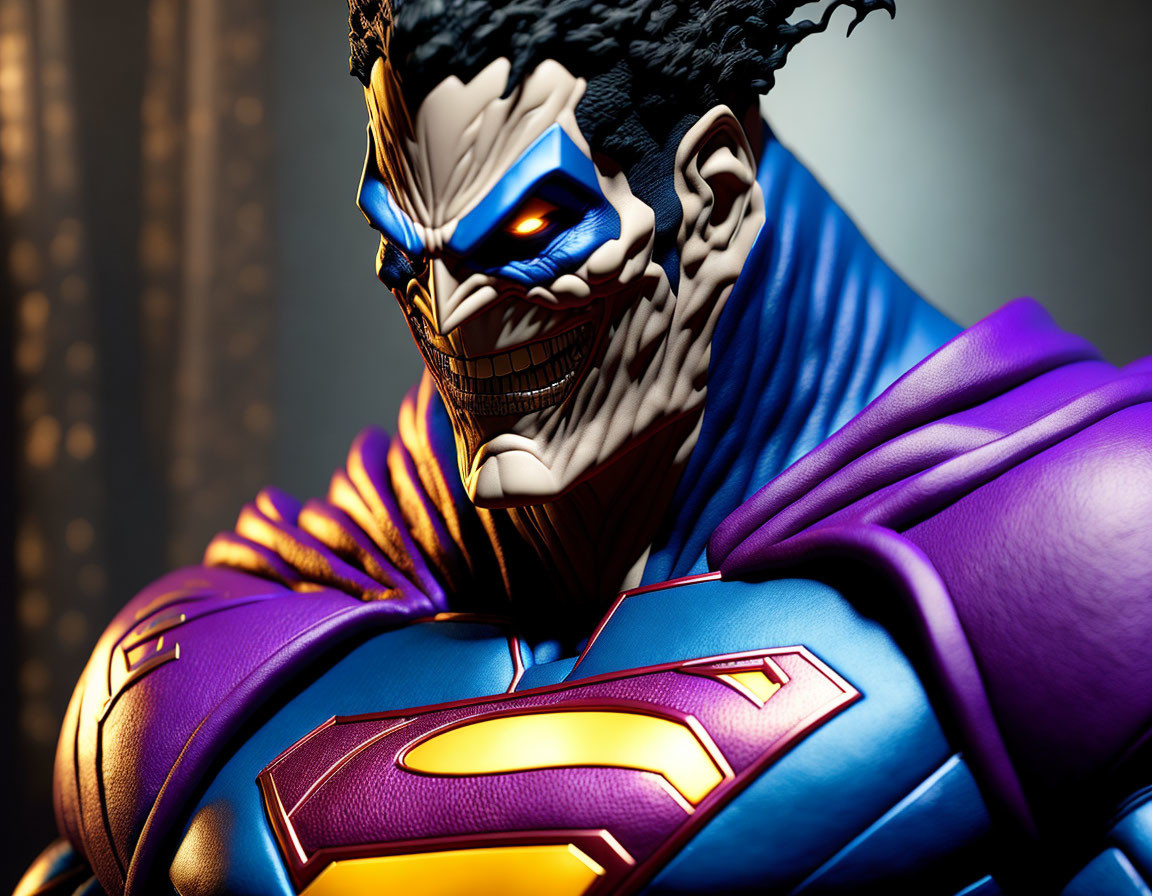 Sinister Superman character with exaggerated muscles and dark grin