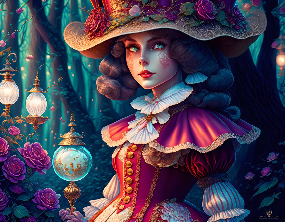 Victorian woman in ornate dress with lanterns in enchanted forest