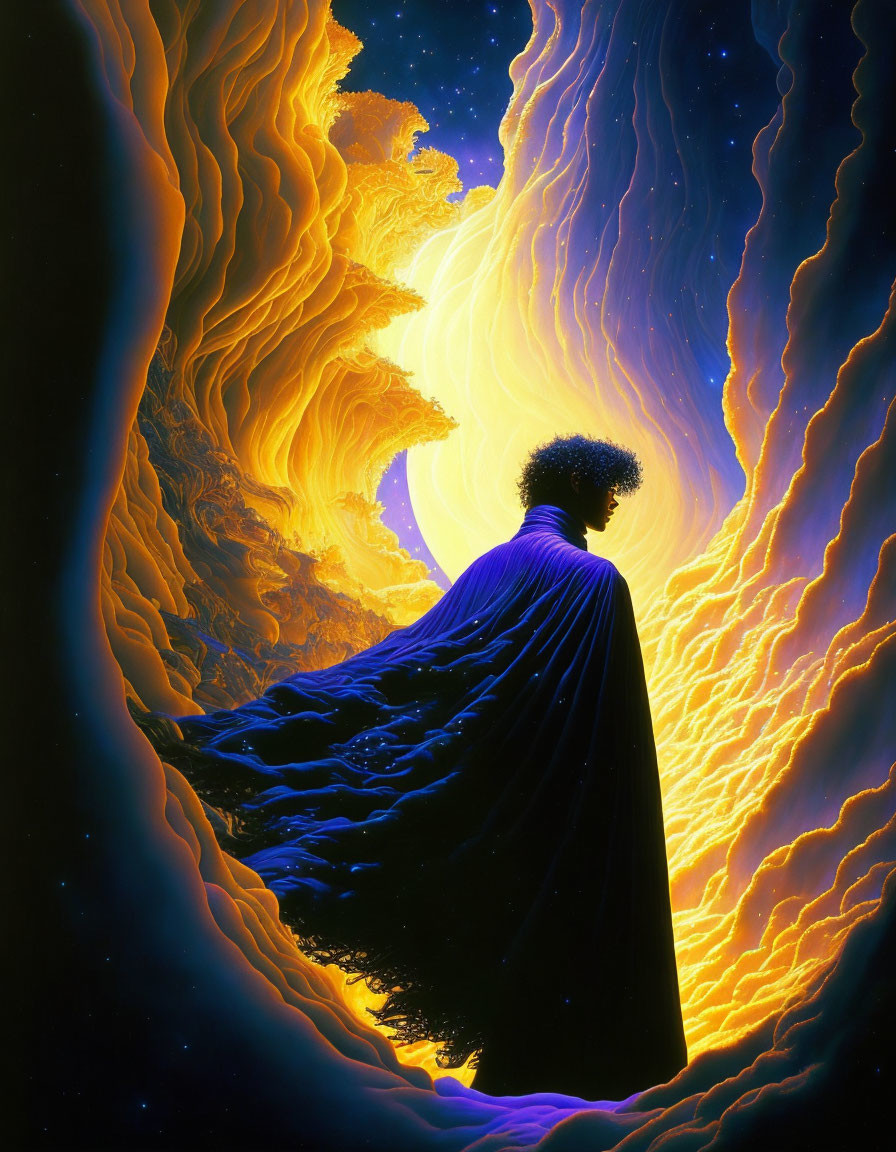 Mystical figure in blue cloak before swirling flames on dark sky