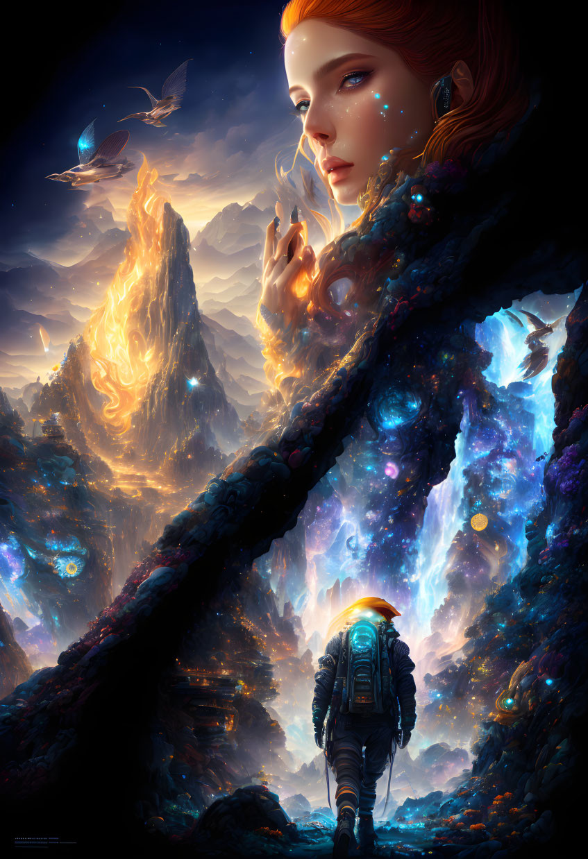 Fantastical cosmic landscape with glowing celestial bodies and towering fiery peaks