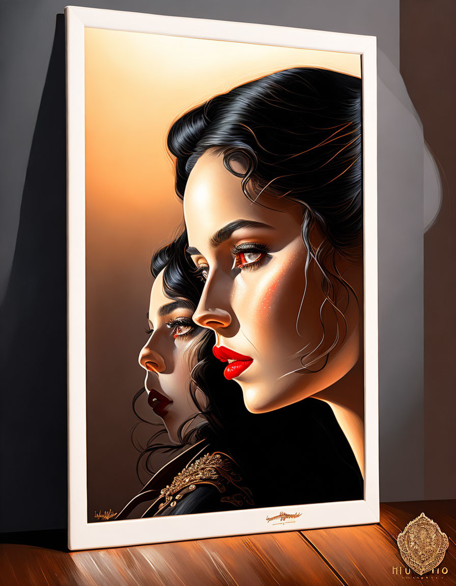 Illustrated portrait of woman with striking features and wavy hair in mirror against warm sunset gradient