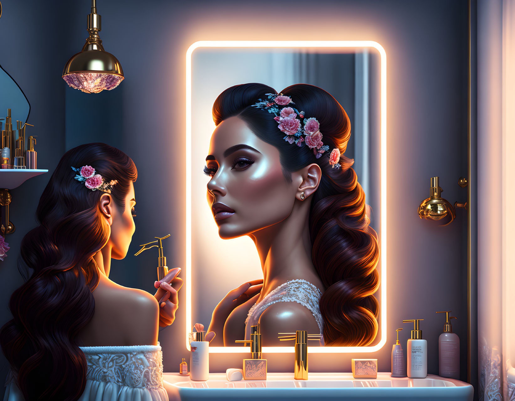 Woman with floral hair adornments admires reflection with makeup brush and beauty products on vanity