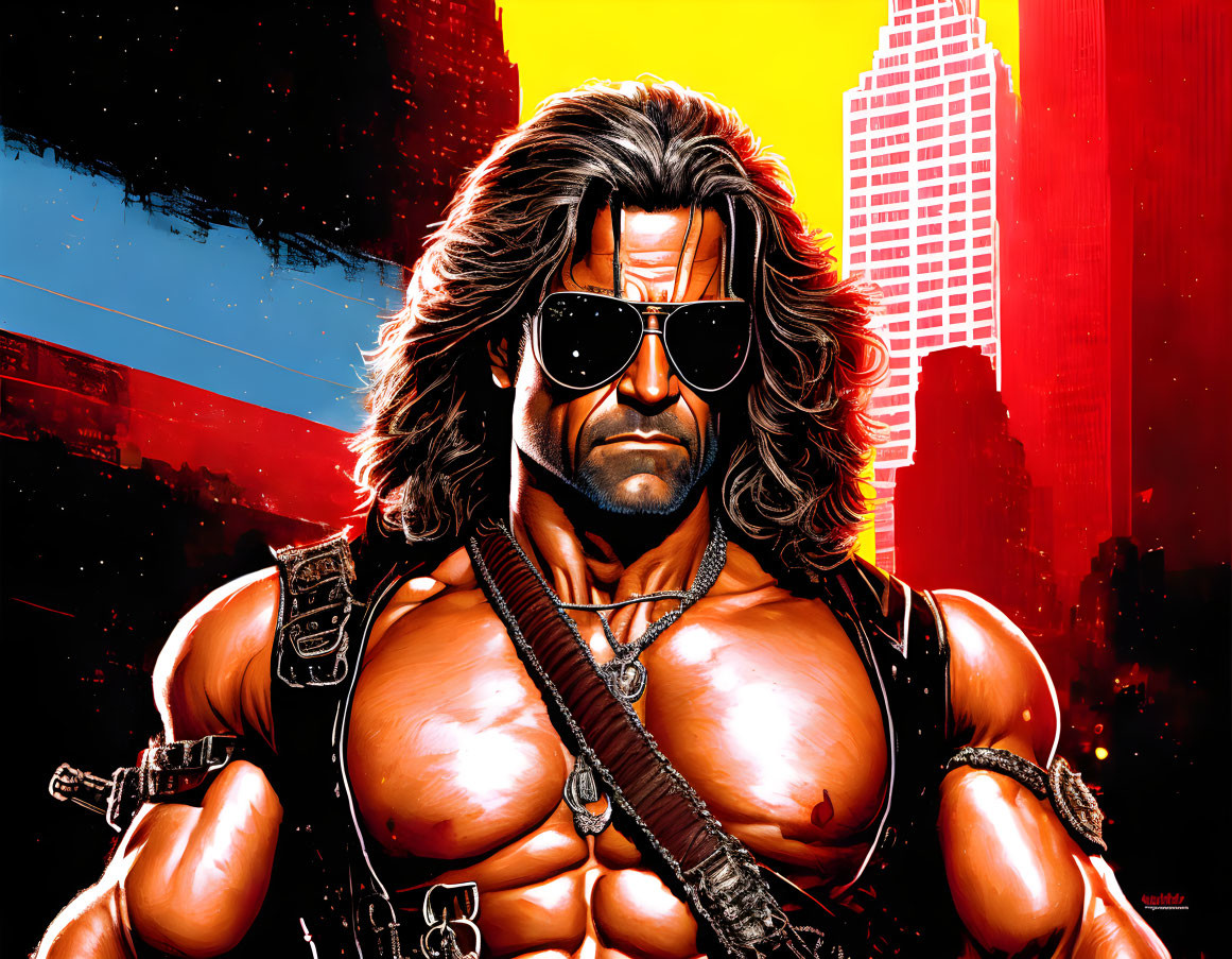 Muscular character with long black hair and sunglasses holding guns against red skyscraper.