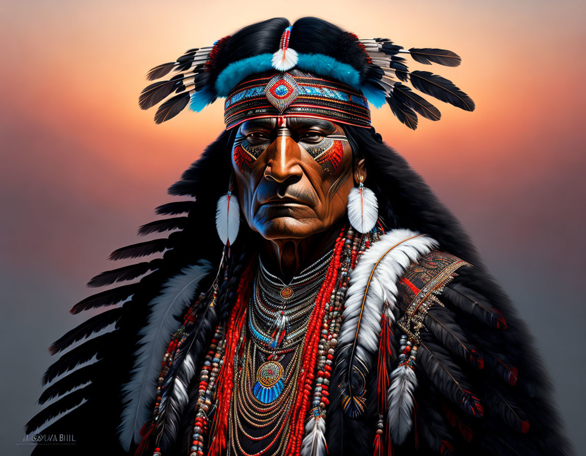 Native American Chief in Traditional Attire on Warm Gradient Background