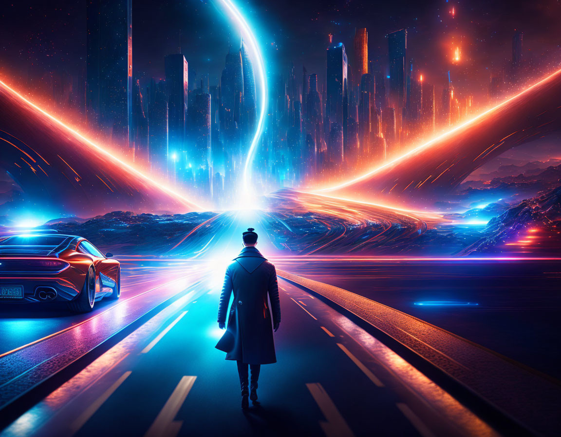 Person standing on futuristic city road, gazing at bright portal & neon-lit skyline.