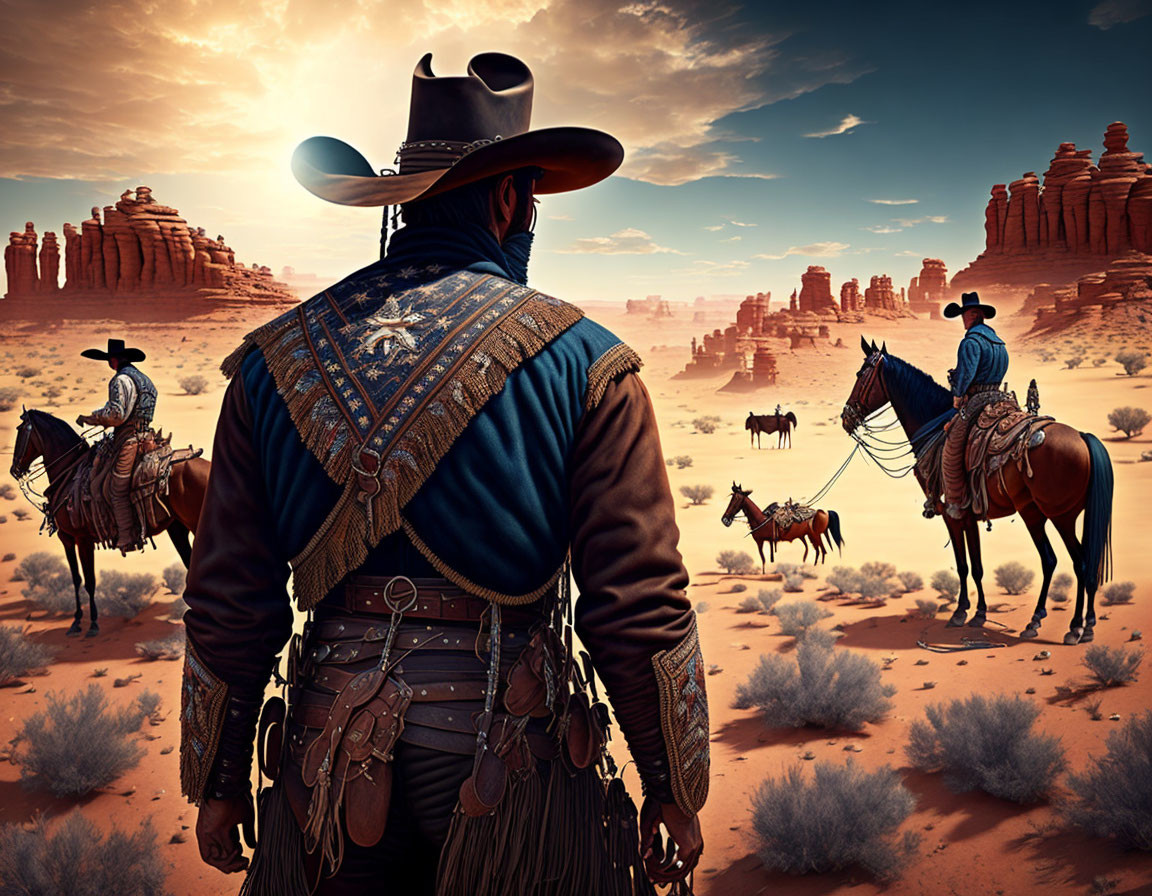 Three cowboys in desert with rocky formations under dramatic sky