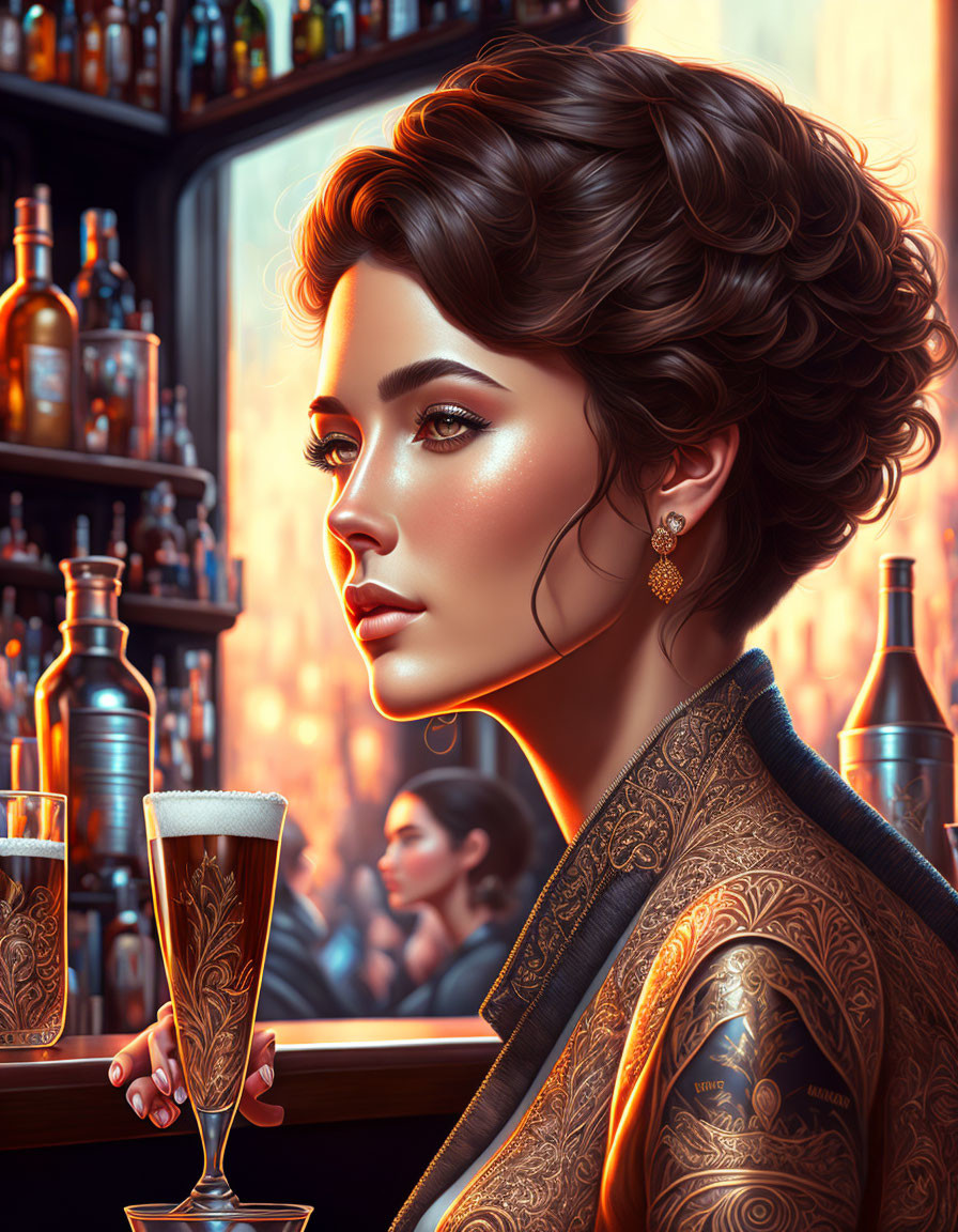 Illustrated woman in traditional attire with updo holds beer in bar setting