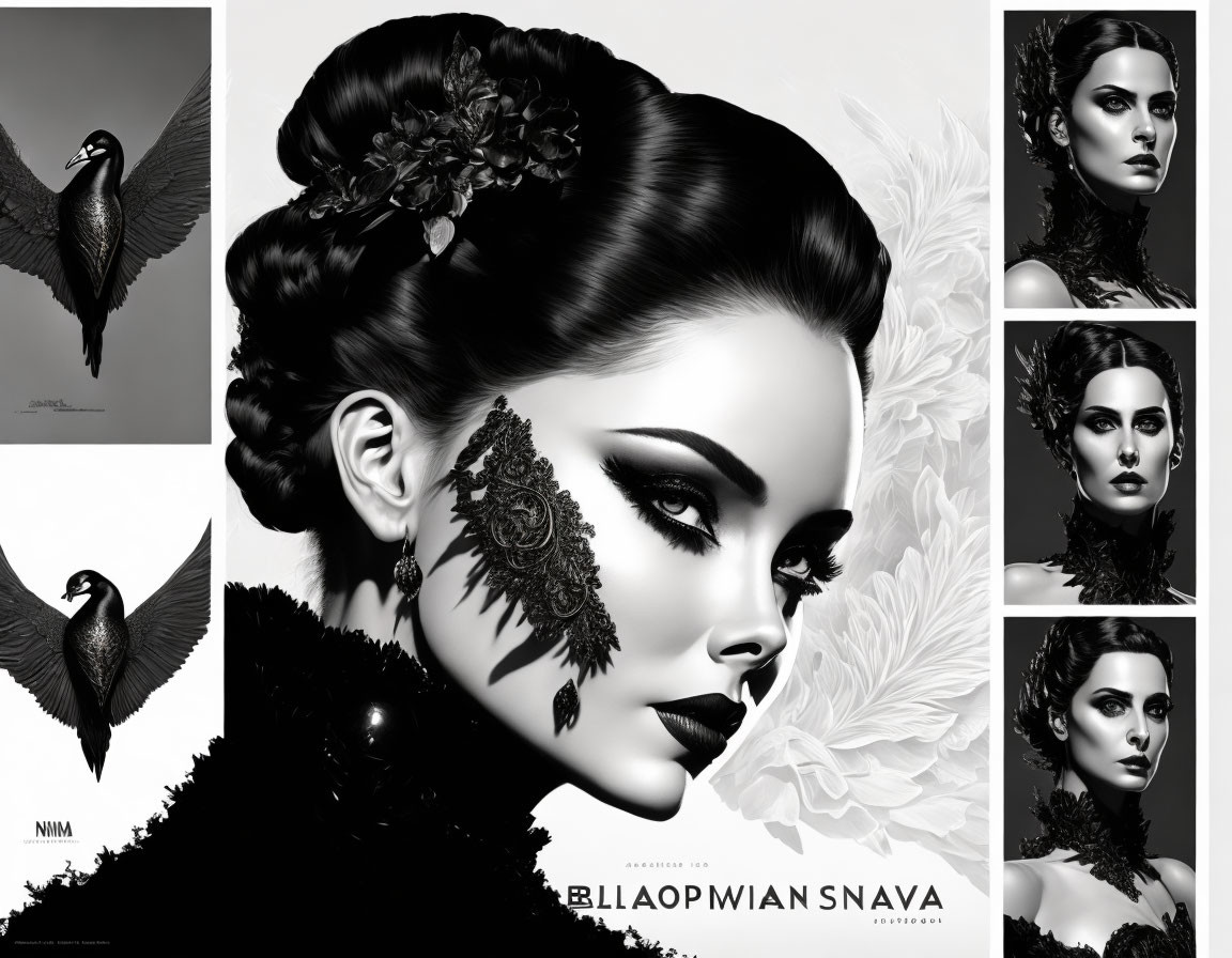 Monochrome collage featuring elegant makeup, feathered motif, floral, and bird elements.