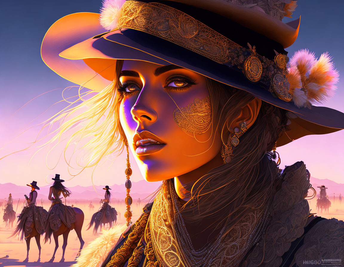 Detailed Woman Portrait with Face Paint, Ornate Hat, and Desert Sunset Background