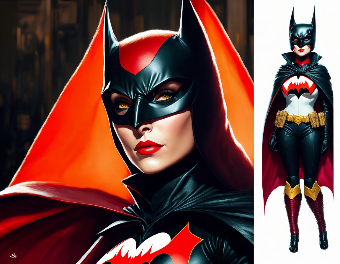 Female superhero in black and red costume with bat emblem, close-up and full body view