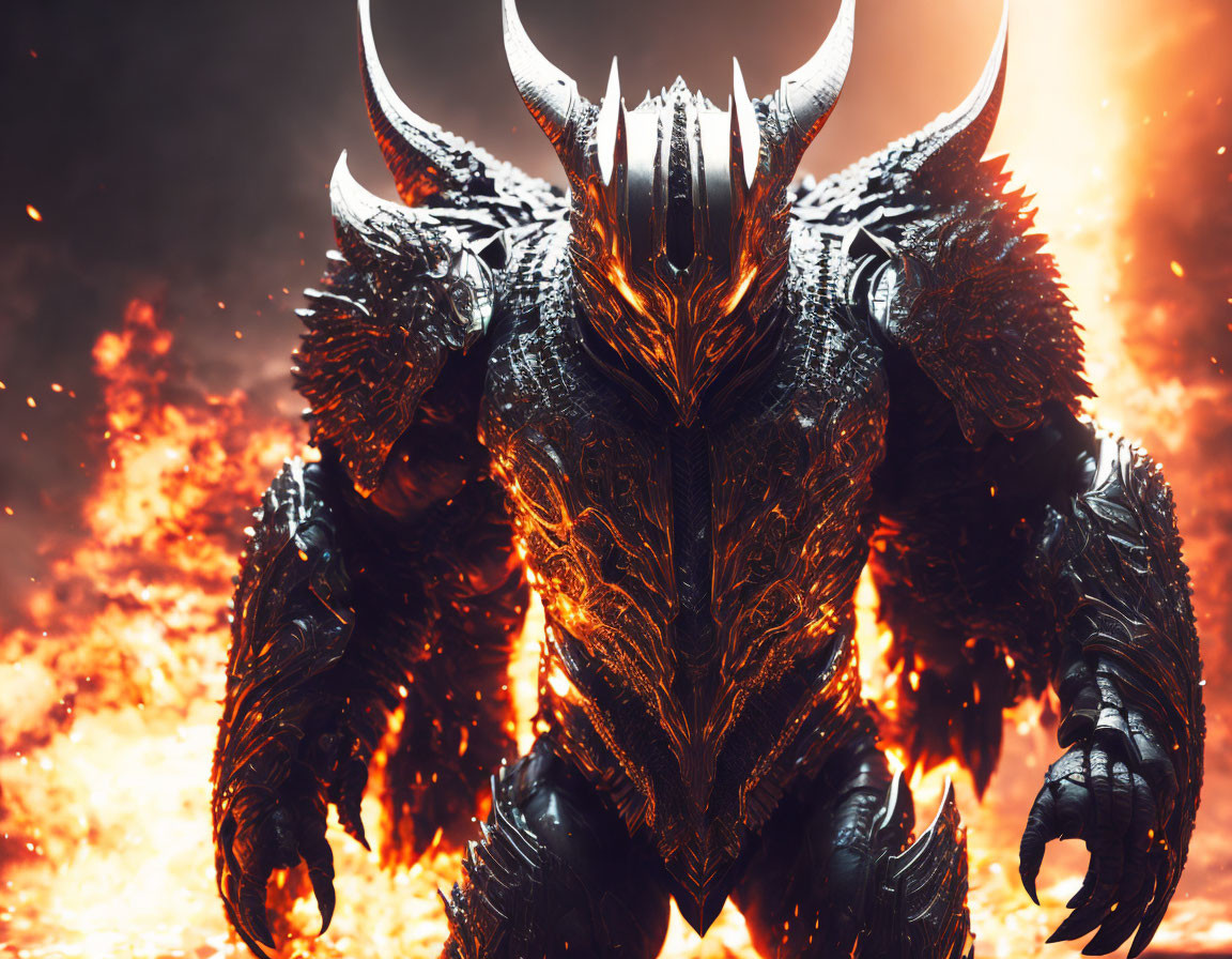 Armored figure with horns in fiery backdrop