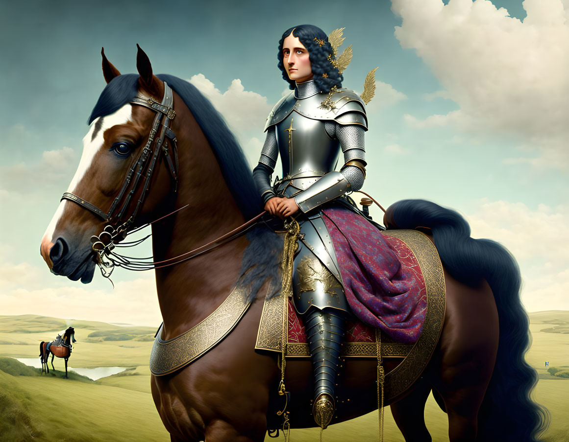 Digital painting of person in medieval knight armor on horse with scenic landscape.