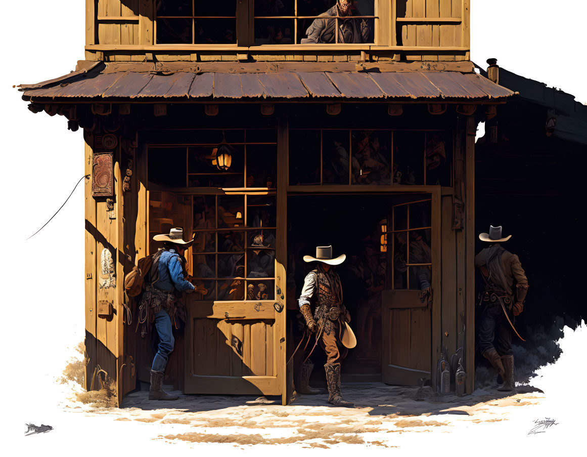 Cowboys approaching saloon in western town with figure watching from above