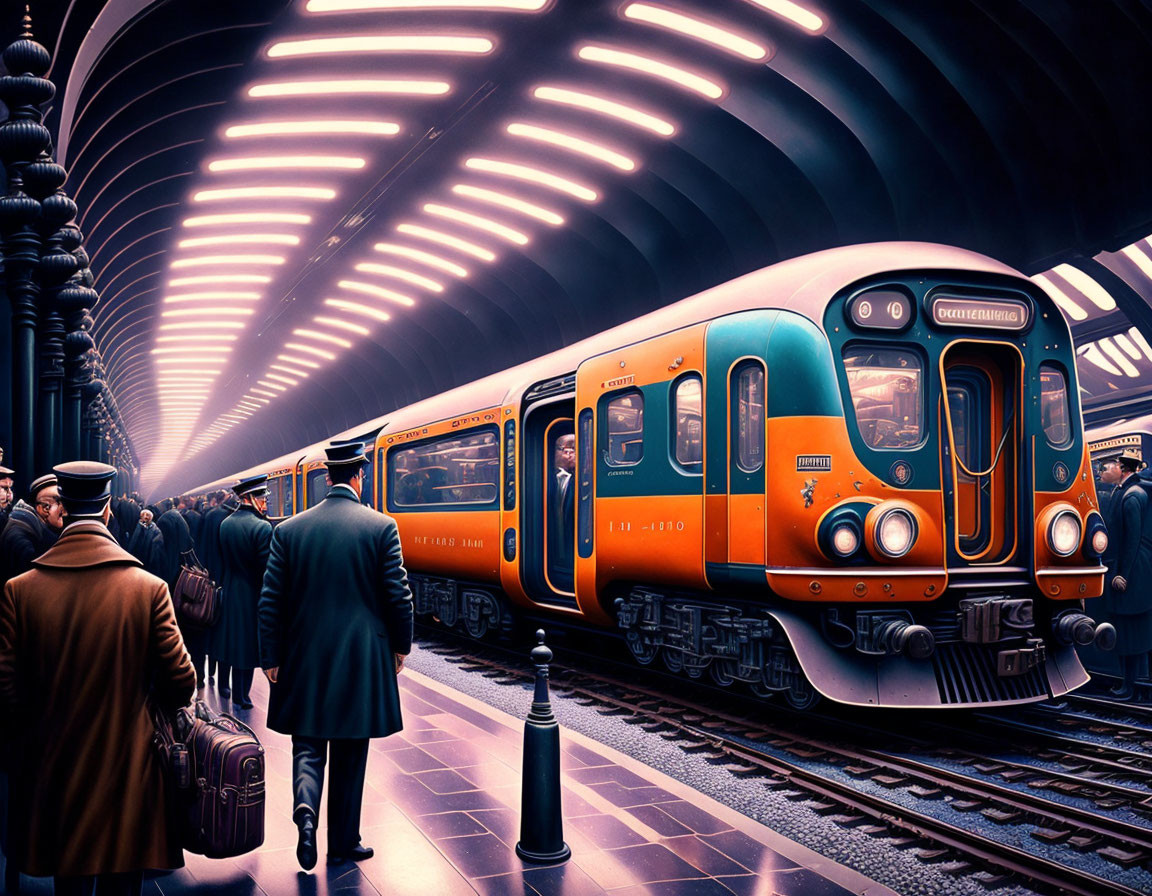 Retro-futuristic subway platform with orange and blue train and arched ceiling