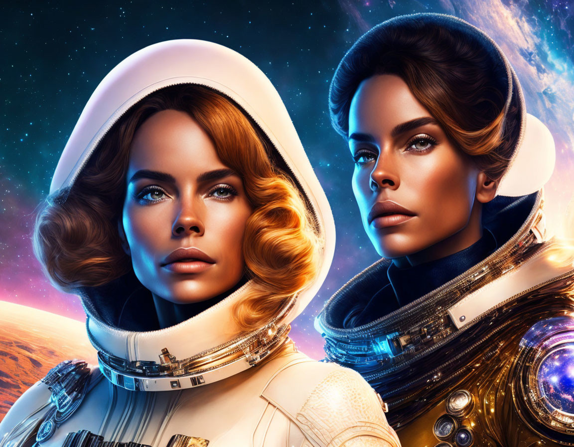 Twin female astronauts in retro spacesuits against cosmic backdrop