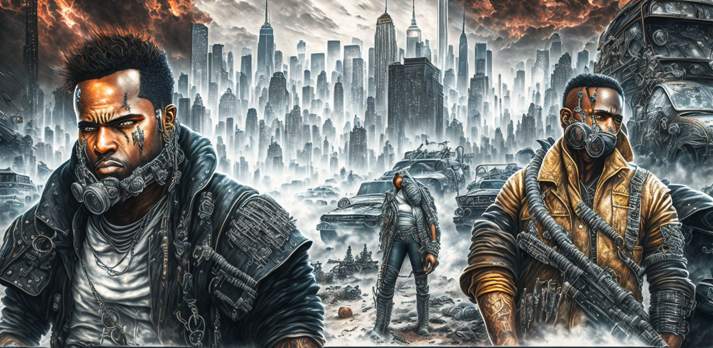 Dystopian urban landscape with armed men amid destruction