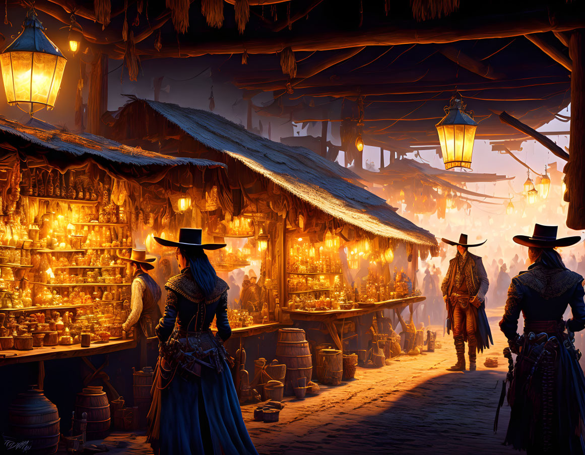 Cowboys and cowgirl walking in illuminated marketplace at dusk