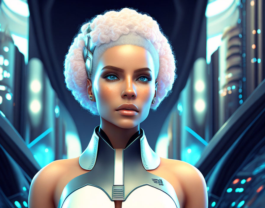 Futuristic female android in cybernetic suit with blue eyes and white hair in sci-fi corridor