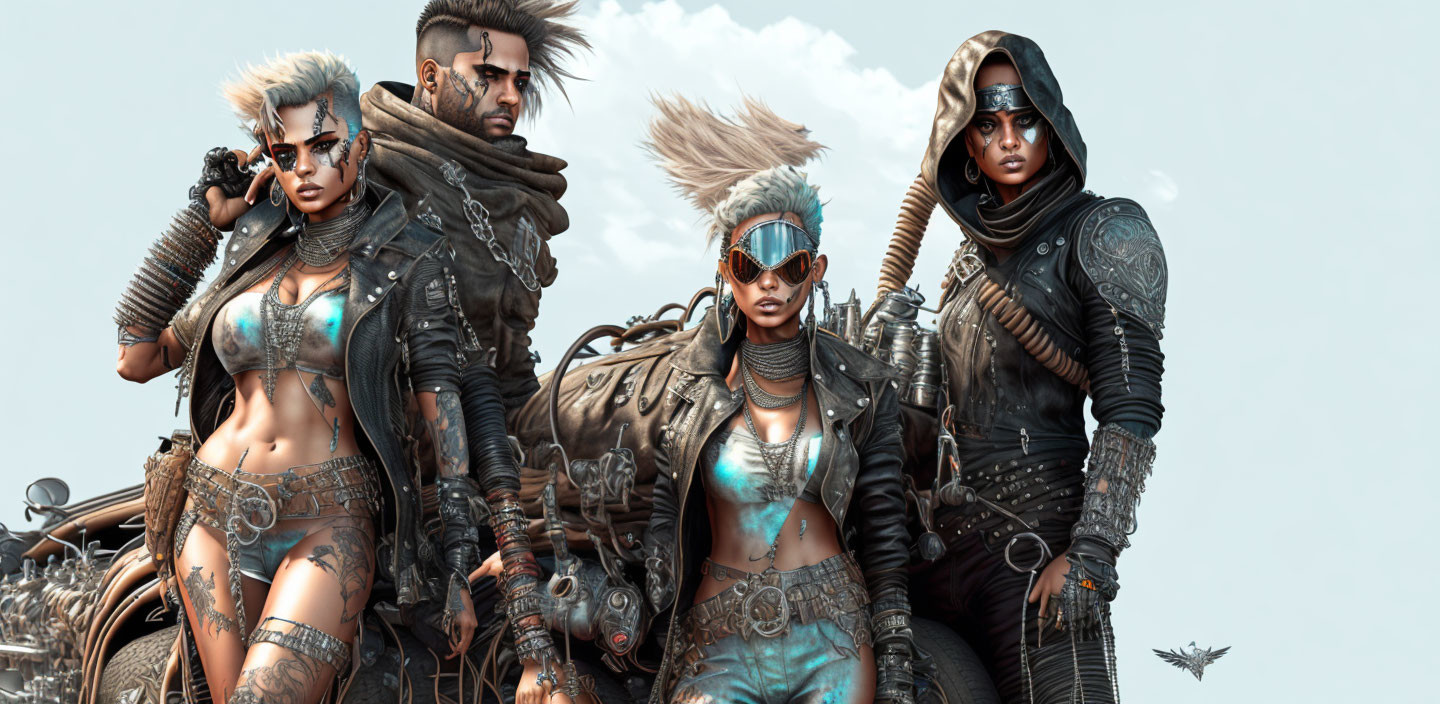 Four stylized characters in post-apocalyptic setting with punk fashion, cybernetic enhancements, and motorcycle