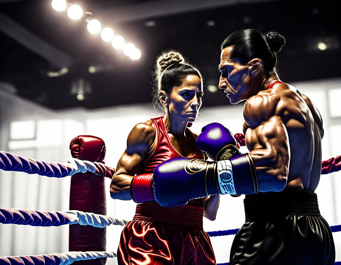 Intense female boxers in ring with red and blue gloves