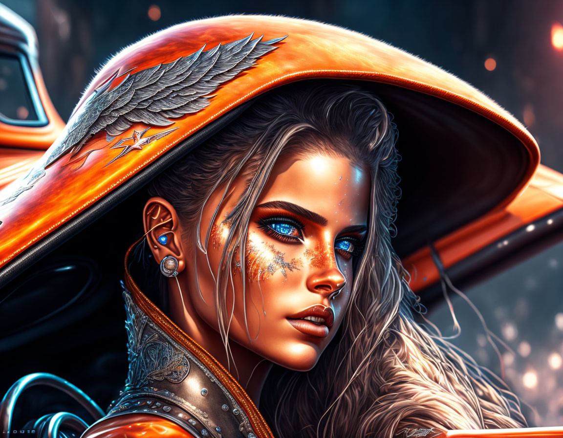 Digital artwork: Woman with blue eyes, freckles, winged helmet, orange & blue tones