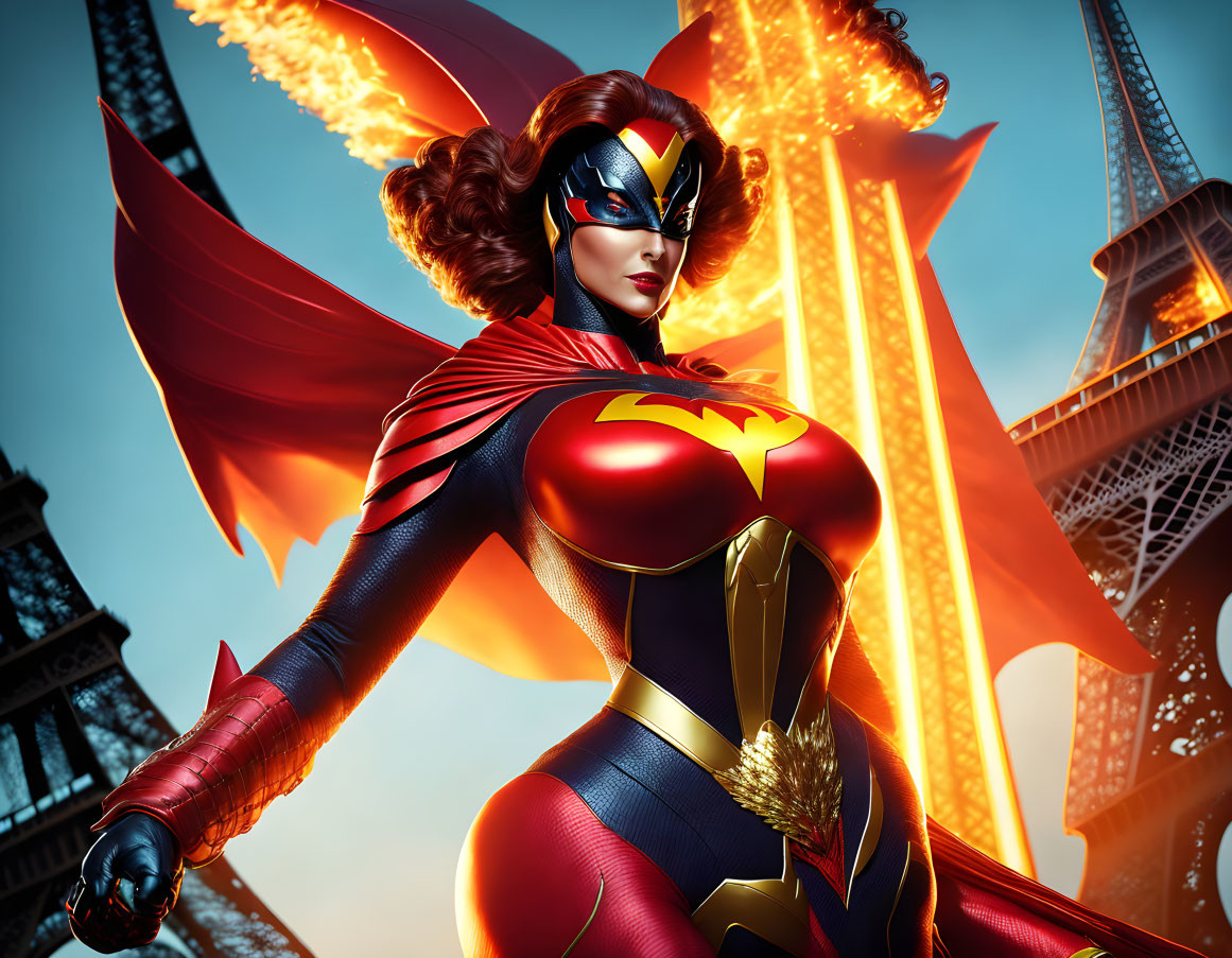 Female superhero with red and gold costume and fiery wings in front of Eiffel Tower