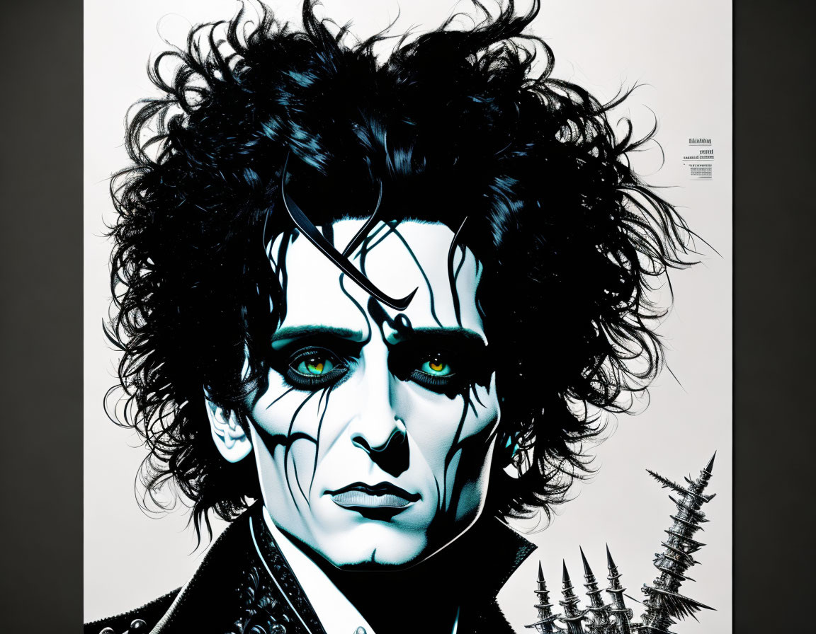 Pale man with dark, wild hair and intense eyes in gothic attire on black and white backdrop