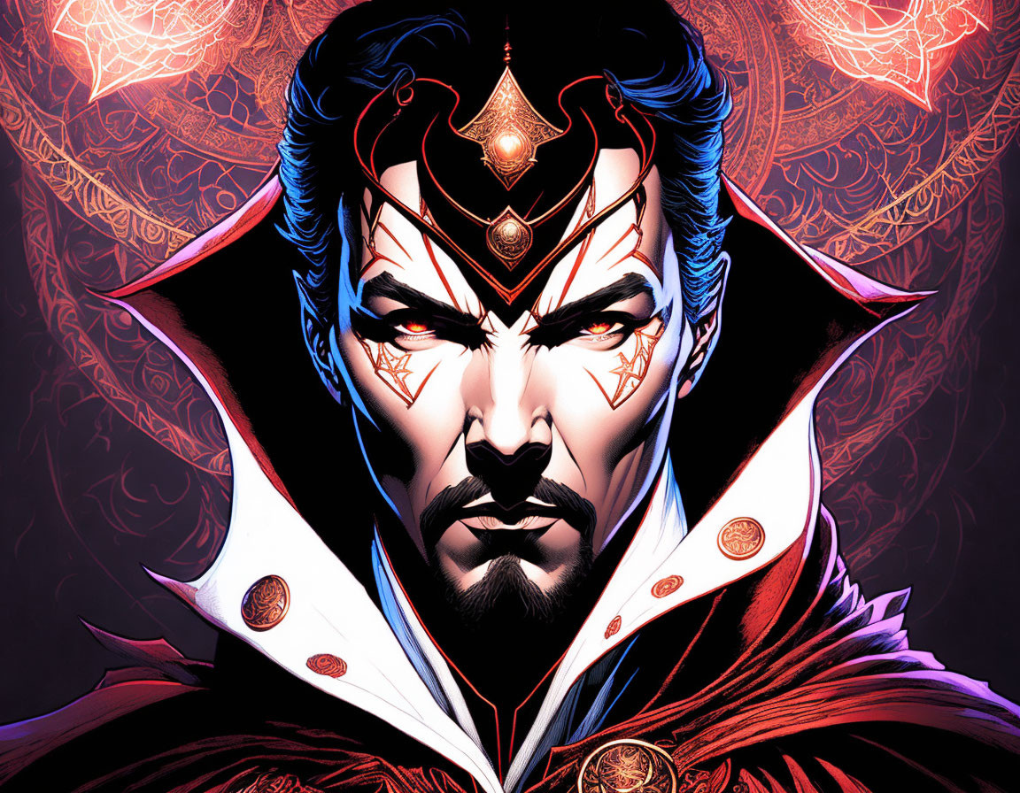 Male character with goatee in red cloak and mystical armor on ornate crimson backdrop.