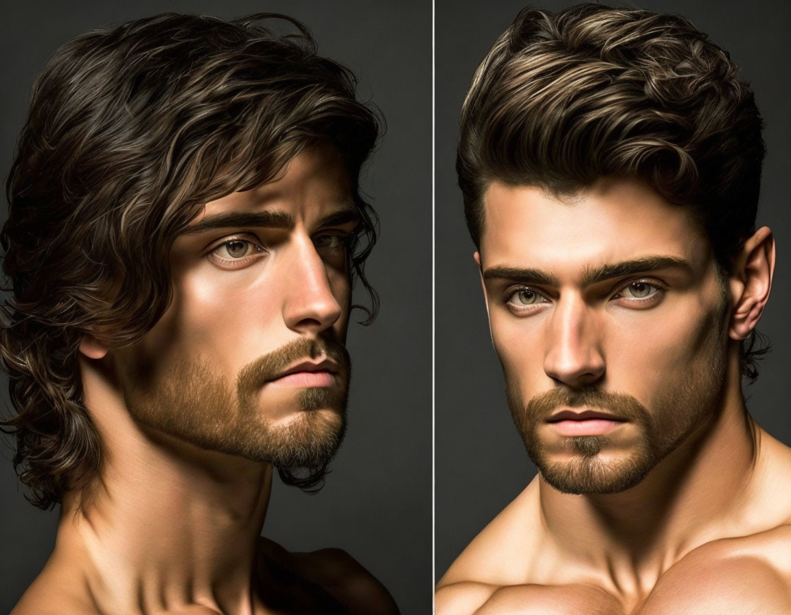 Dual portraits of a man with wavy hair and beard profiles.