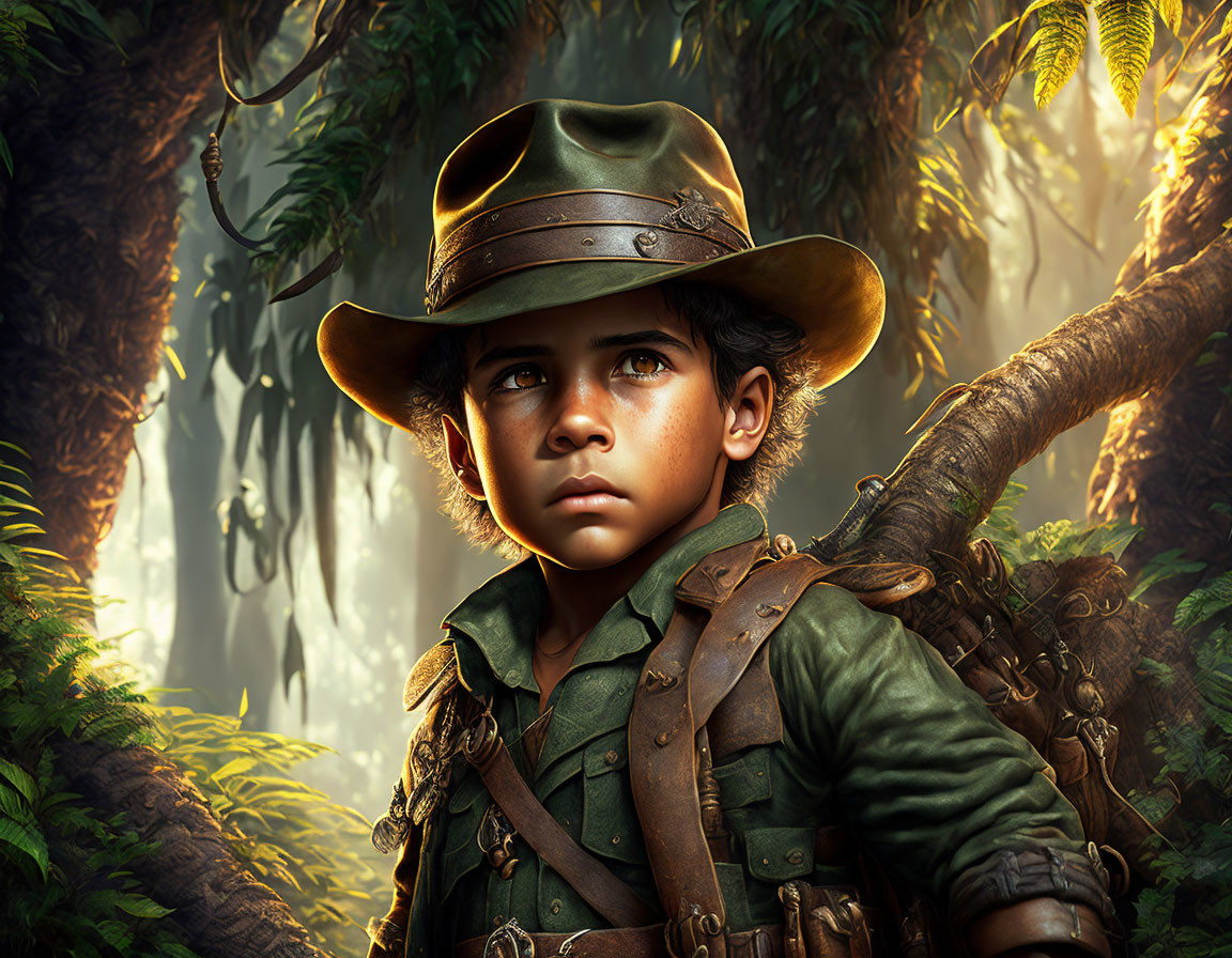 Young boy in explorer outfit gazes in lush jungle setting