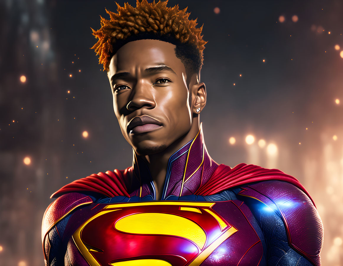 Young Black man in Superman costume with glowing emblem in fiery cosmic backdrop