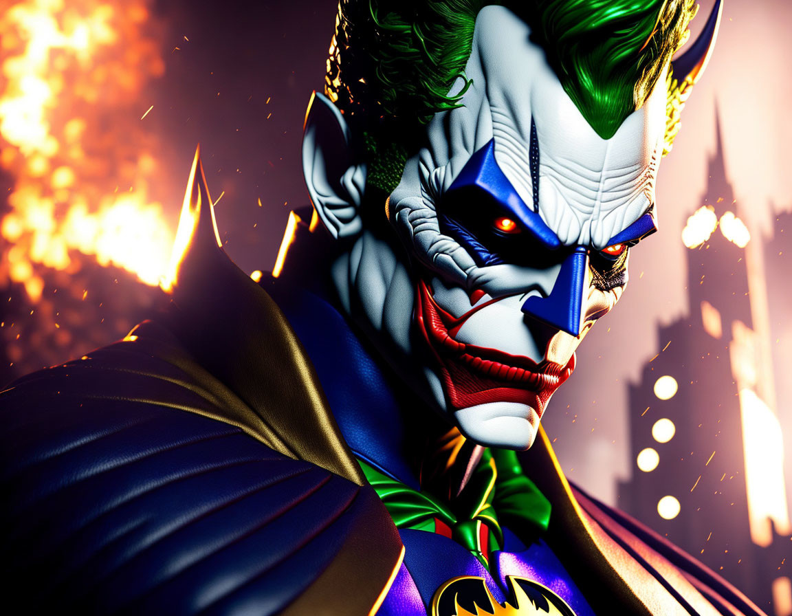 Detailed graphic: Sinister Joker with purple costume and Batman's cape against fiery Gotham.