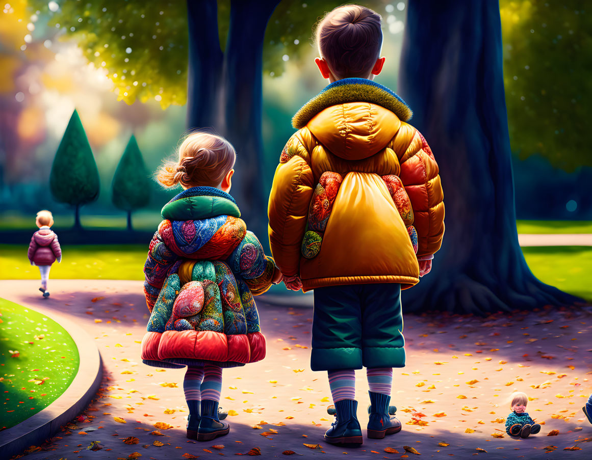 Children in colorful puffy coats holding hands in autumn park.