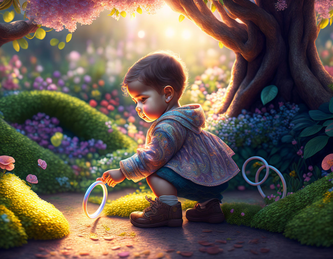 Toddler in Blue Jacket Explores Magical Garden with Magnifying Glass