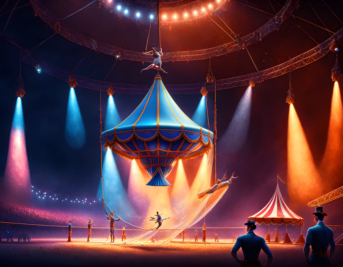 Colorful Circus Scene with Performers and Acrobats under Big Top