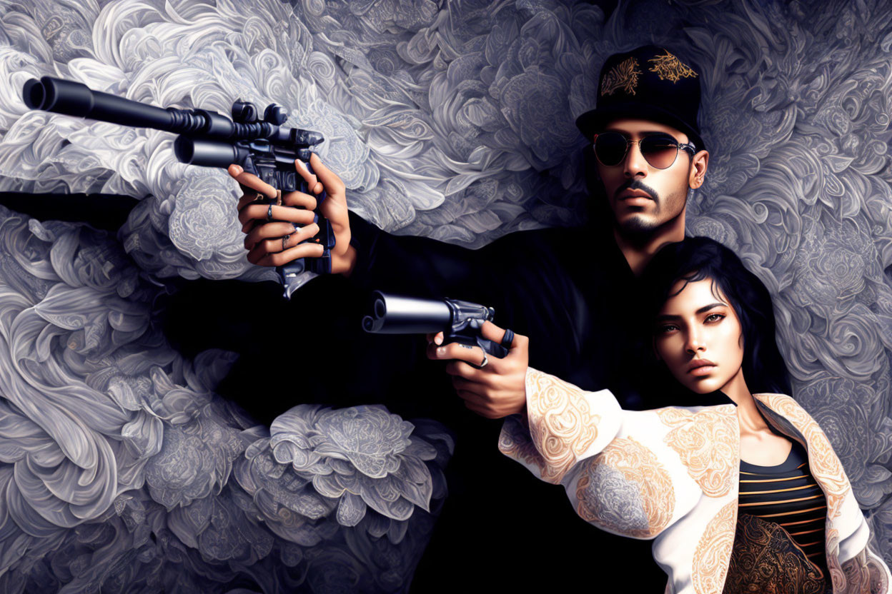 Man and woman in chic outfits with guns in floral background.