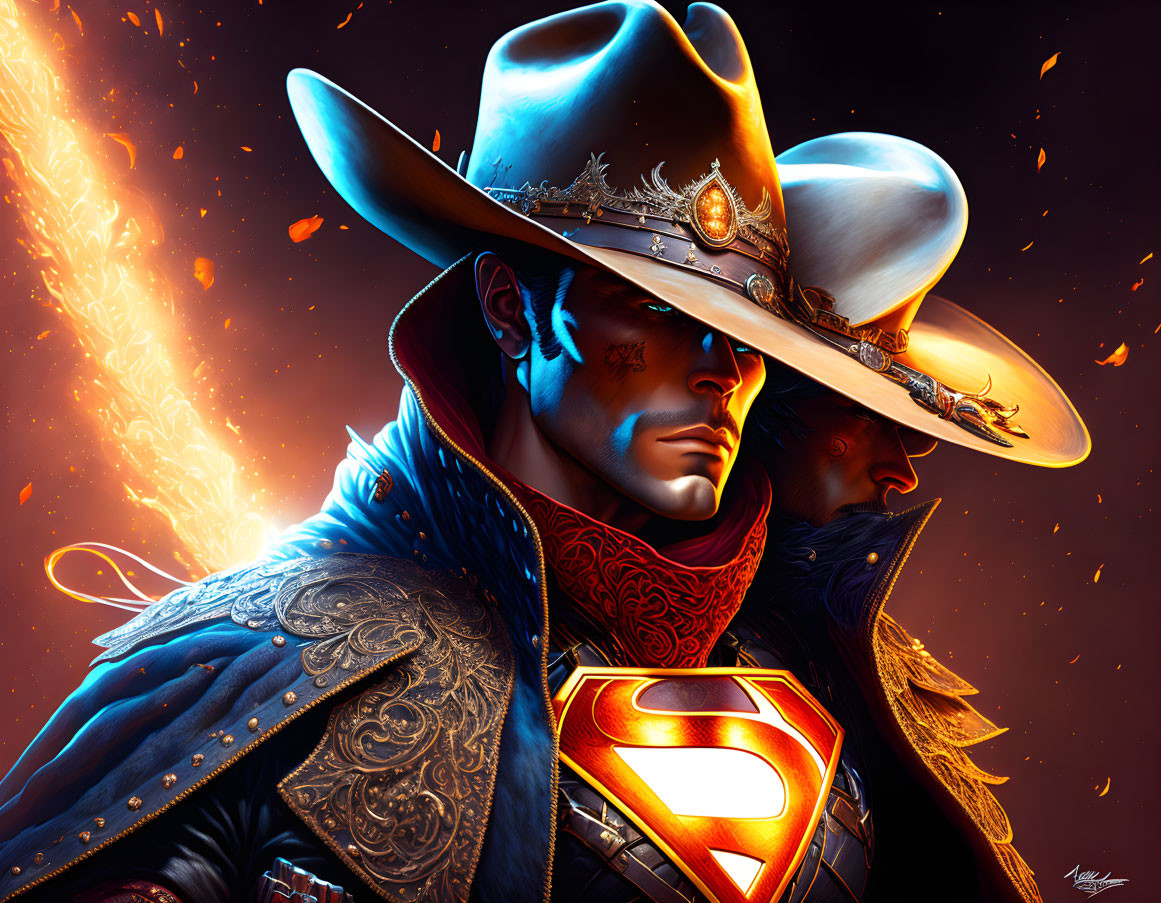 Cowboy-themed Superman with fiery cape and ornate hat in detailed suit