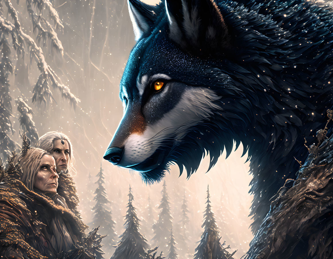 Detailed digital artwork: large wolf's head in snowy forest with cloaked figures.