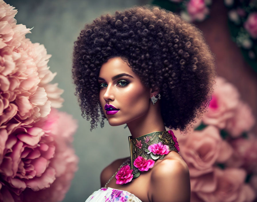 Woman with voluminous curly afro and purple lipstick in floral setting