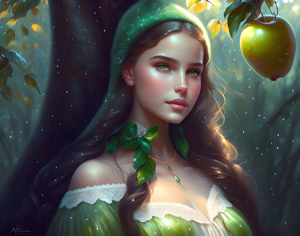 Digital artwork: Young woman with green eyes and dress in mystical forest with glowing apple