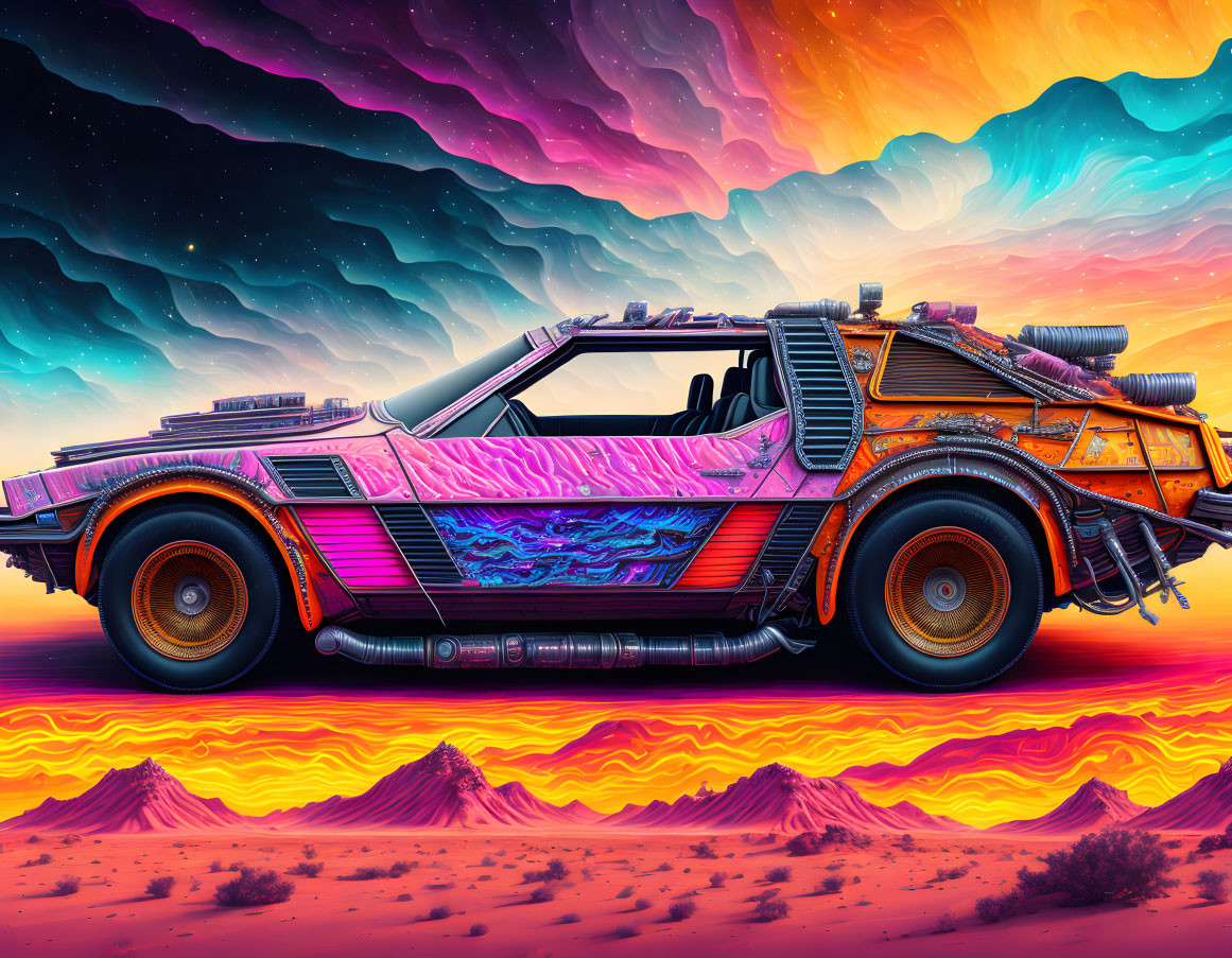 Colorful retro-futuristic car parked in alien desert landscape